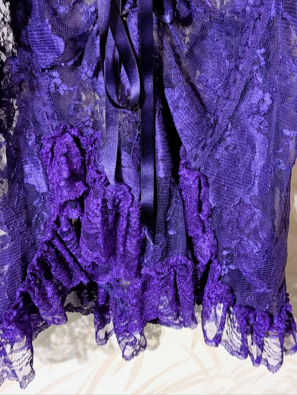 Escante Sheer Stunning Purple Lace Ruffle Lingerie With Black Lace Tie Size L